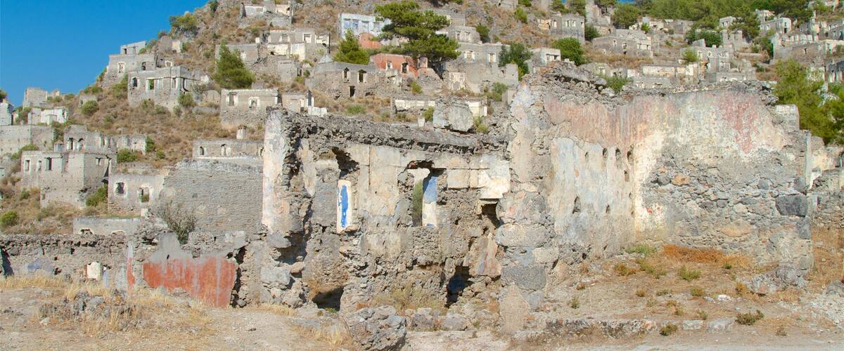 A hillside with ancient ruins and scattered vegetation.