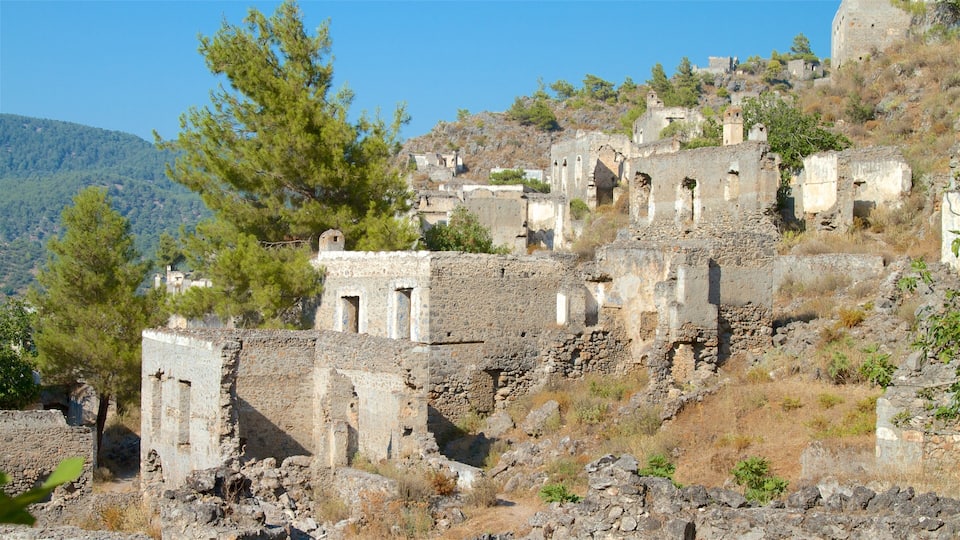Ancient ruins on a hillside with stone buildings and trees.