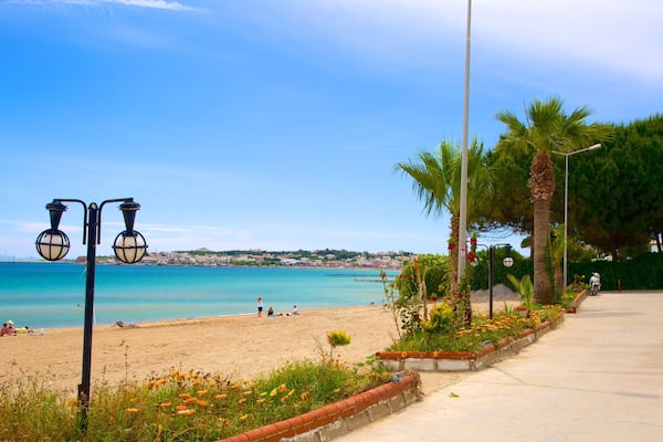 Ein Strand mit klarem, blauem Wasser, Palmen und einer Stadtlandschaft im Hintergrund.