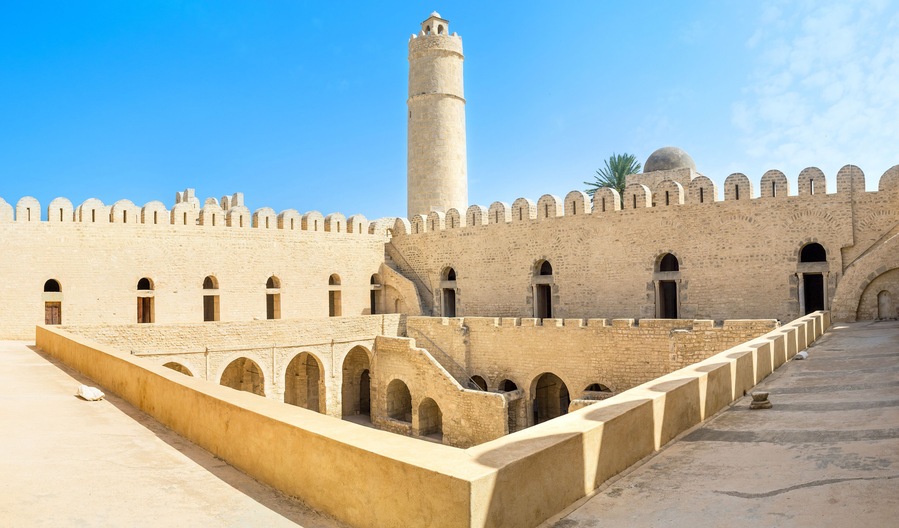 Panorama of the multilevel Ribat fortress, topped with the high tower, Sousse, Tunisia. ; Shutterstock ID 328014164