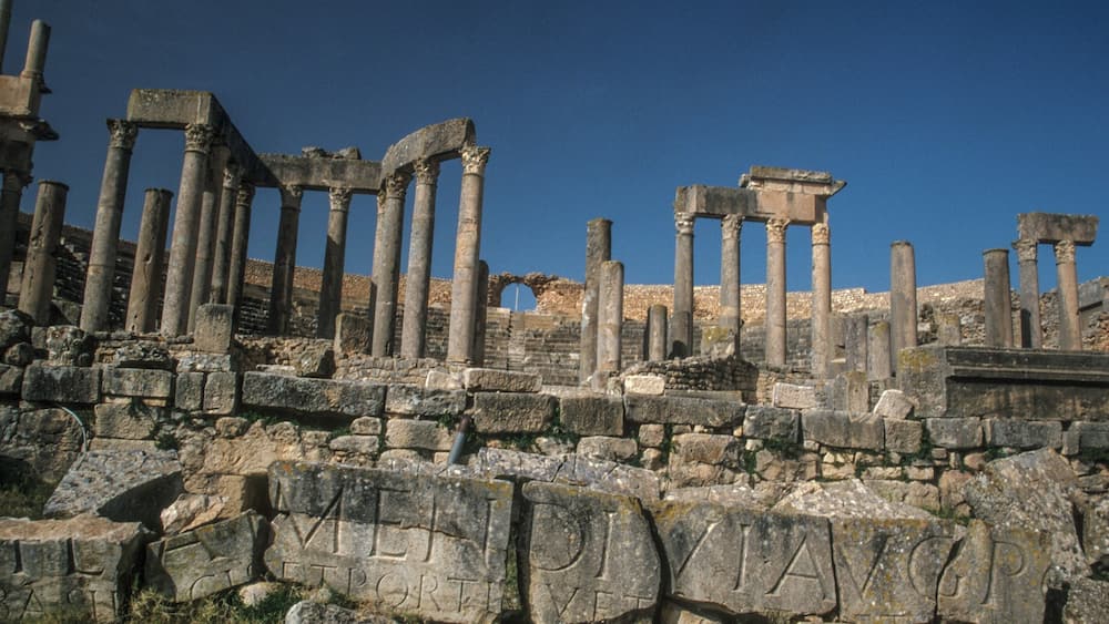 #Detail
Inscription, Roman theatre, in the Romano Berber city of Dougga.
A Unesco world heritage site, and the best preserved of all such sites, in North Africa.
Due mainly to it's remote location.