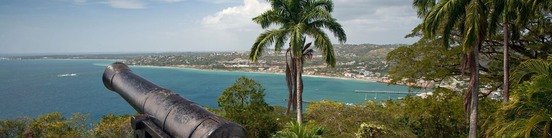 Views over Rockly Bay and Scarborough from Fort King George Tobago.