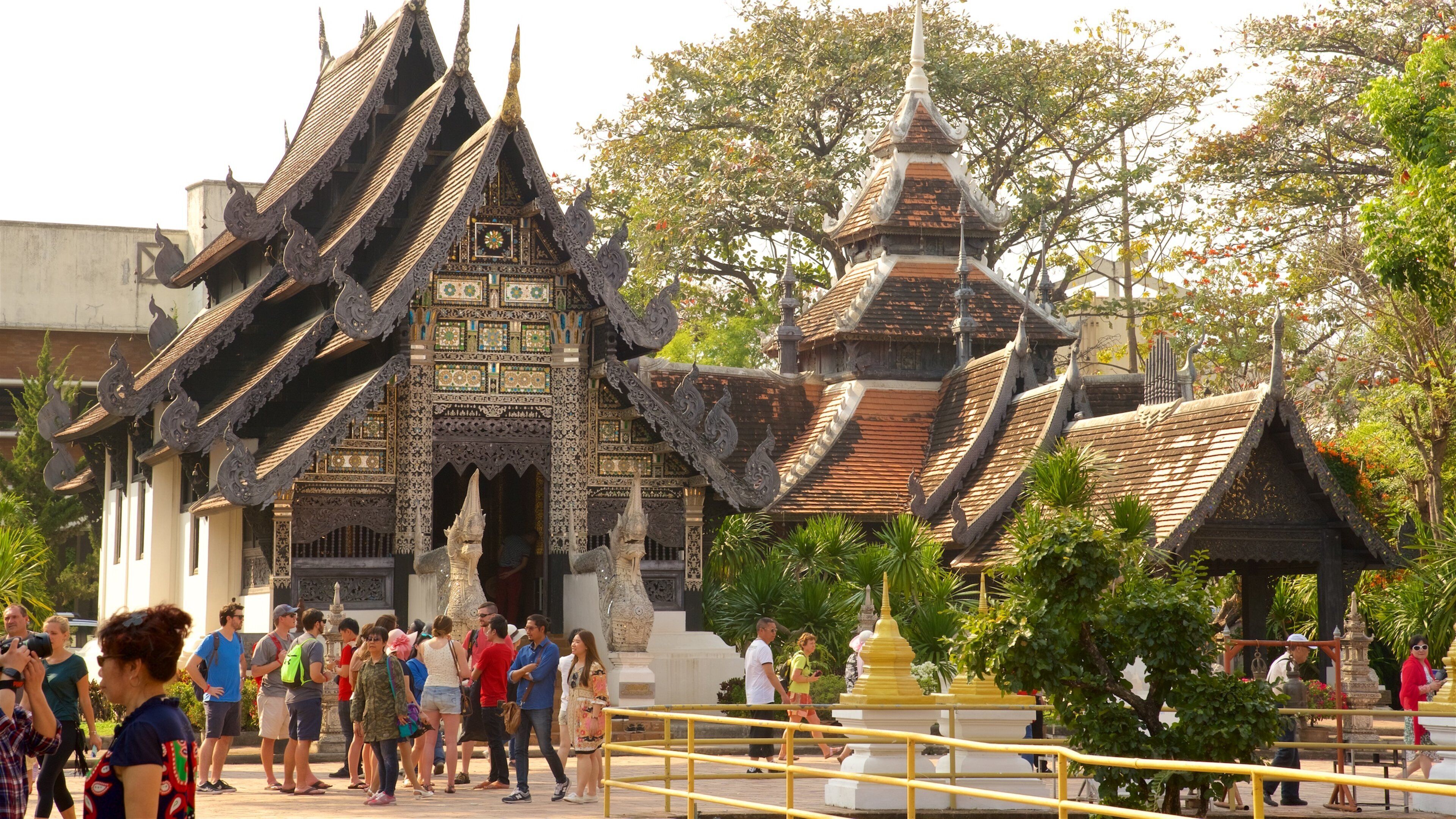 Wat Chedi Luang which includes a temple or place of worship as well as a large group of people