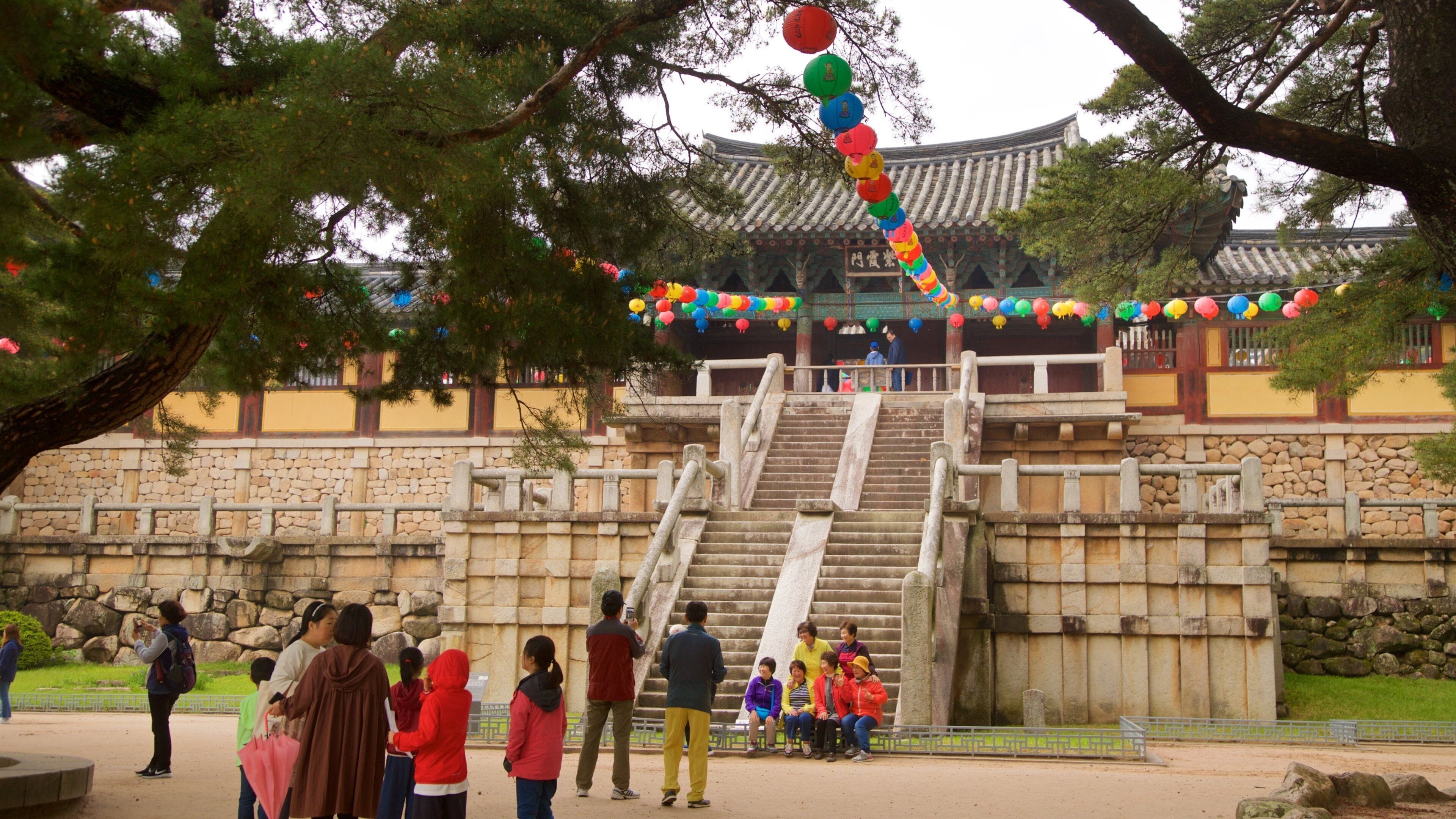 Ein traditionelles koreanisches Gebäude mit einer Steintreppe, die davor hinauf führt, umgeben von Bäumen und bunten Laternen.