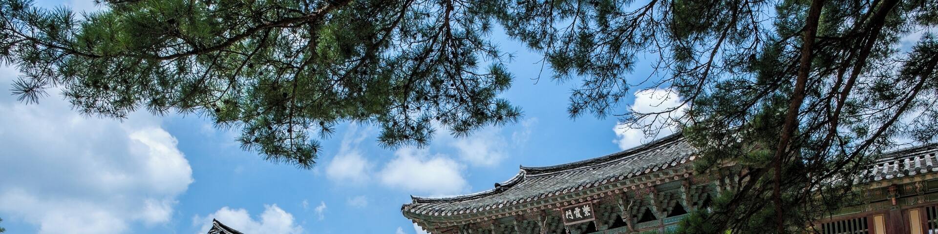 A traditional Korean palace with ornate architecture, including a large stone staircase and a tiled roof.