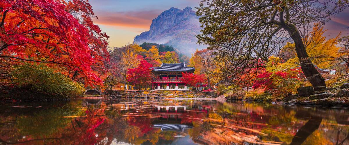 A traditional pavilion by a reflective pond with vibrant autumn foliage and a mountain backdrop.