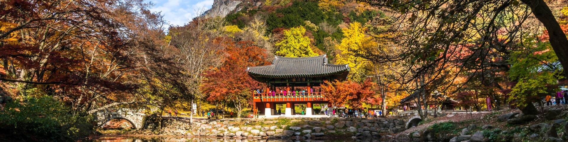 Reflections of Baegyangsa (a traditional korean temple) in South Korea during autumn.; Shutterstock ID 700482055; Purchase Order: -