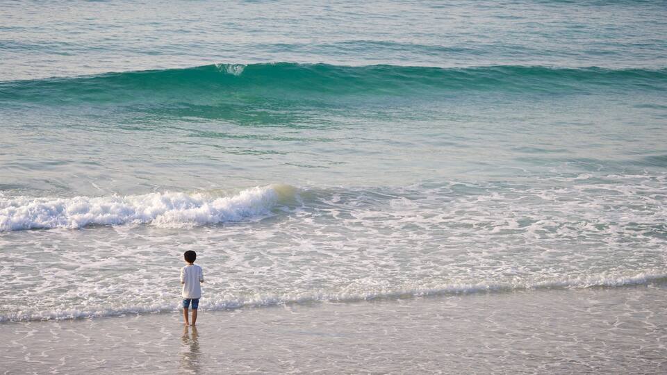 A child standing at the edge of the water watching waves.