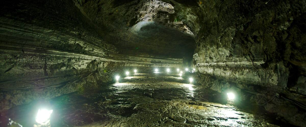 Manjanggul Lava-tube Cave showing night scenes, interior views and caving