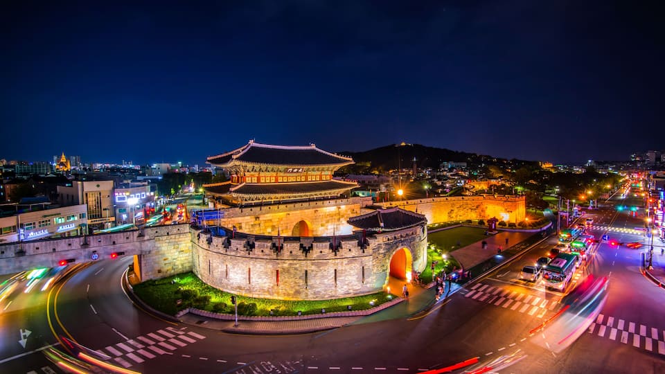 Night view of Hwaseong fortress at suwon city south Korea