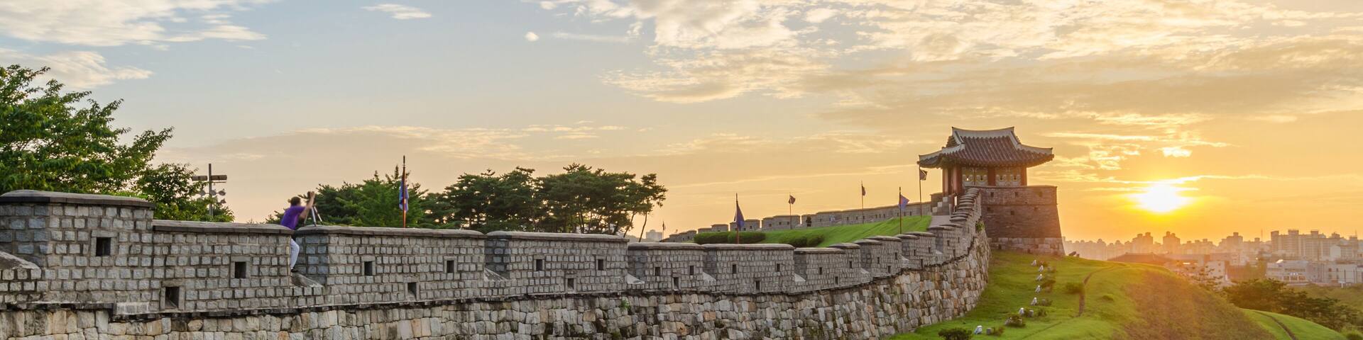 Sunset at Hwaseong Fortress in Suwon, South Korea.