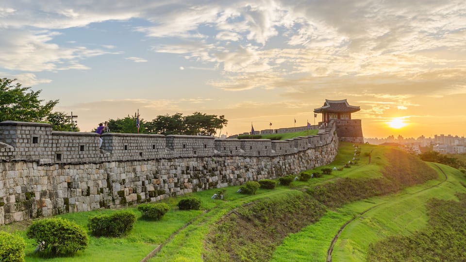 Sunset at Hwaseong Fortress in Suwon, South Korea.