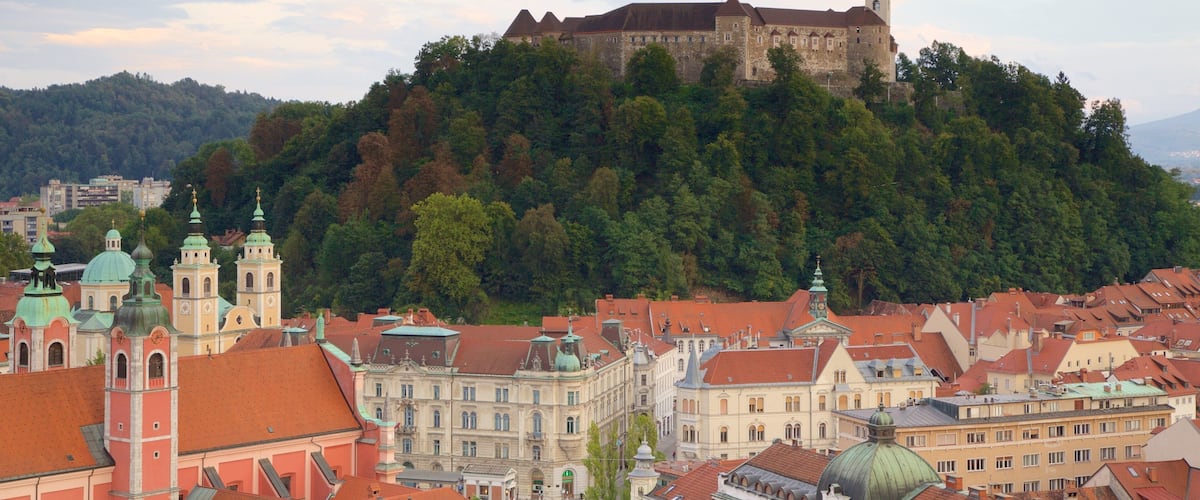 Ljubljana Castle showing forest scenes and a castle