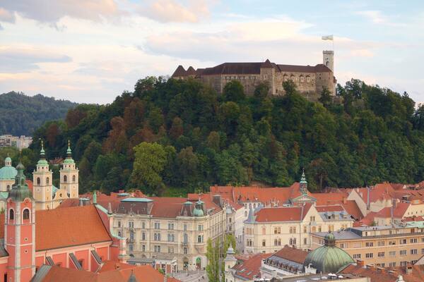 Ljubljana Castle das einen Palast oder Schloss und Waldmotive