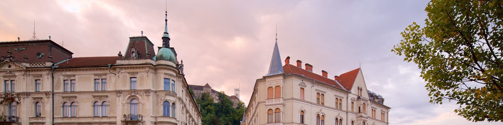 A cobblestone street lined with historic buildings, a bridge with ornate balustrades, and a distant castle on a hill.