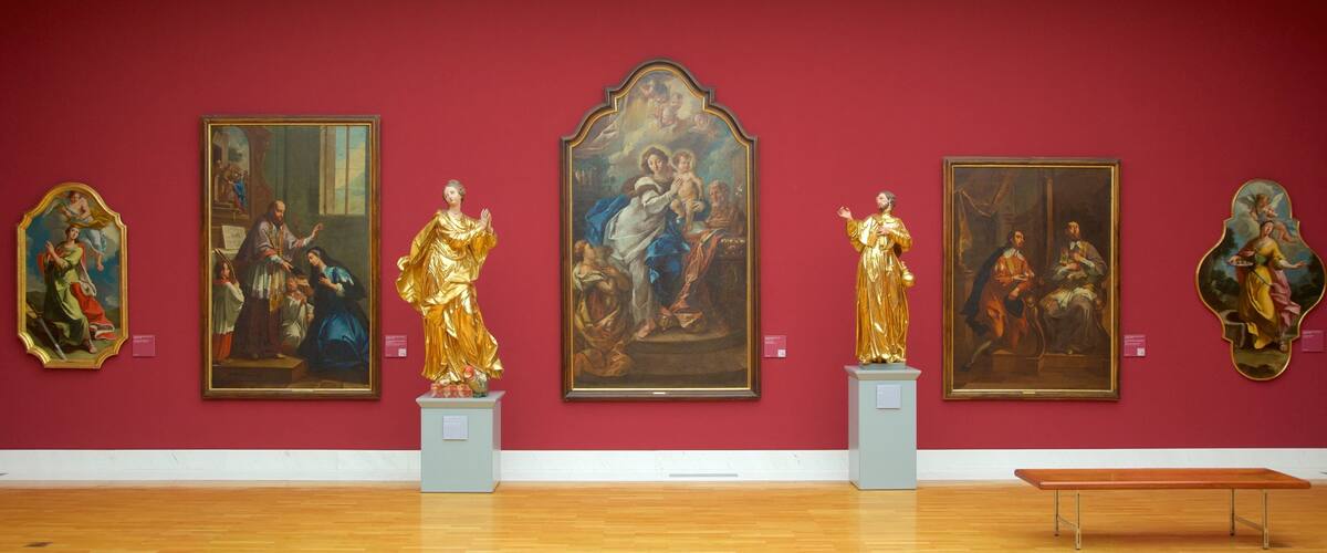 National Gallery of Slovenia featuring art, interior views and a statue or sculpture