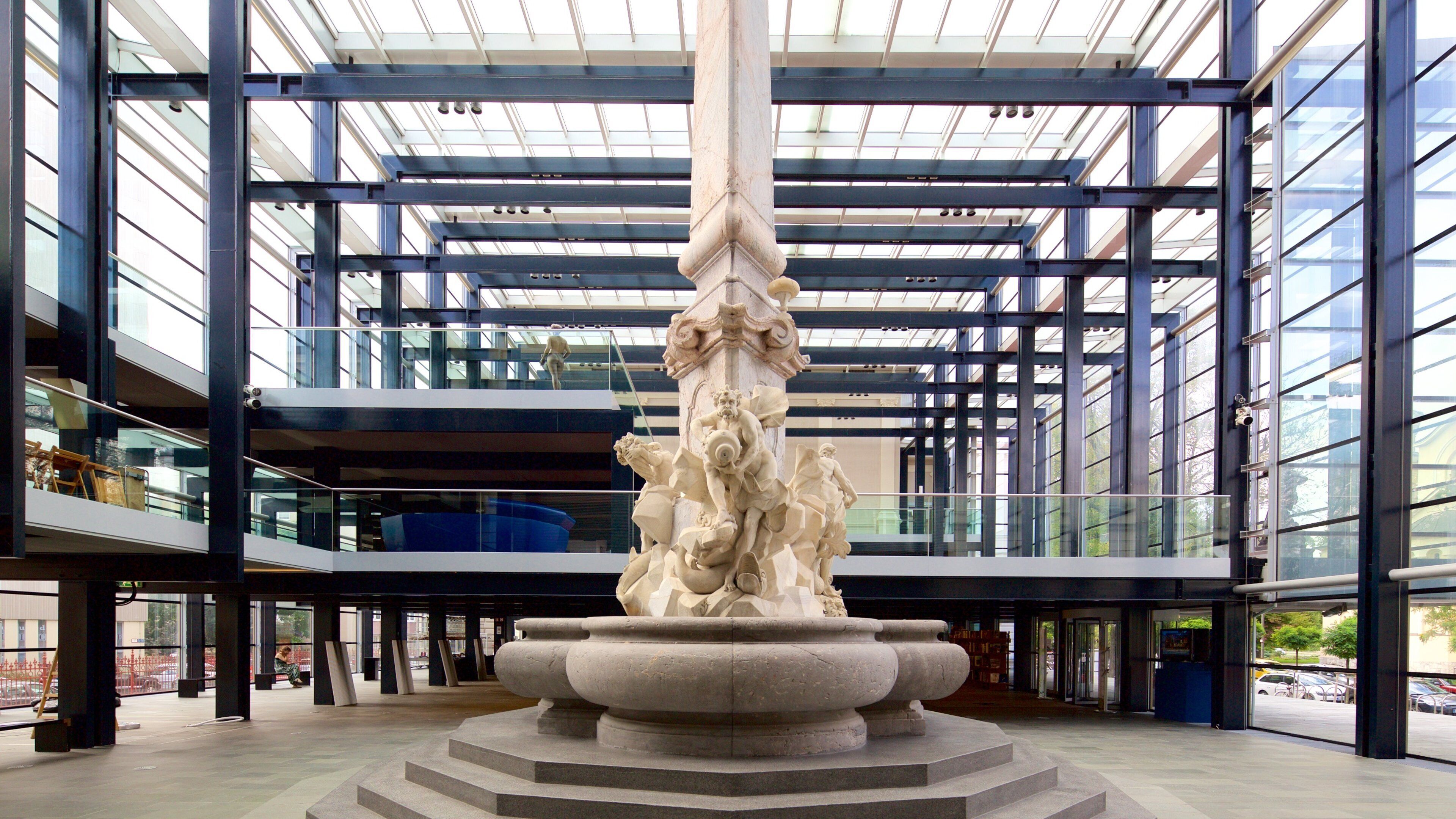 National Gallery of Slovenia featuring modern architecture and a monument