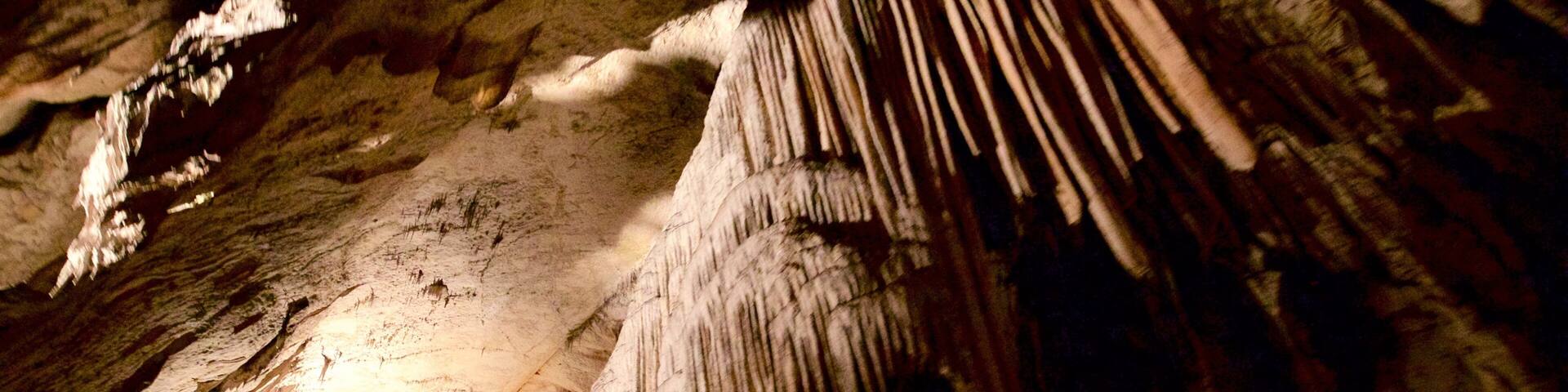 A cave with stalactites and stalagmites.
