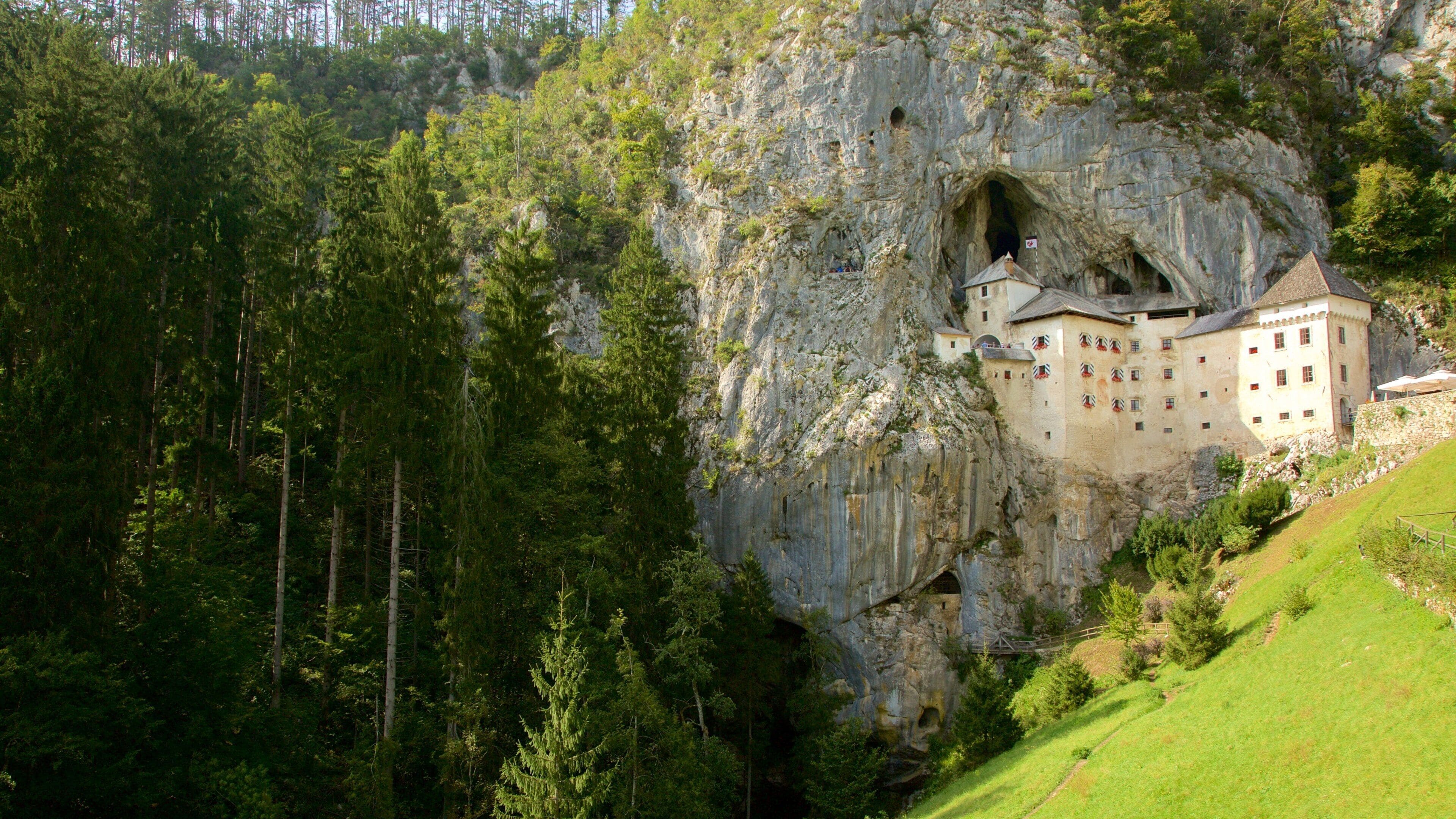 Predjama Castle which includes heritage architecture, mountains and chateau or palace