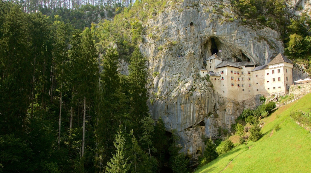 Predjama Castle which includes heritage architecture, mountains and chateau or palace