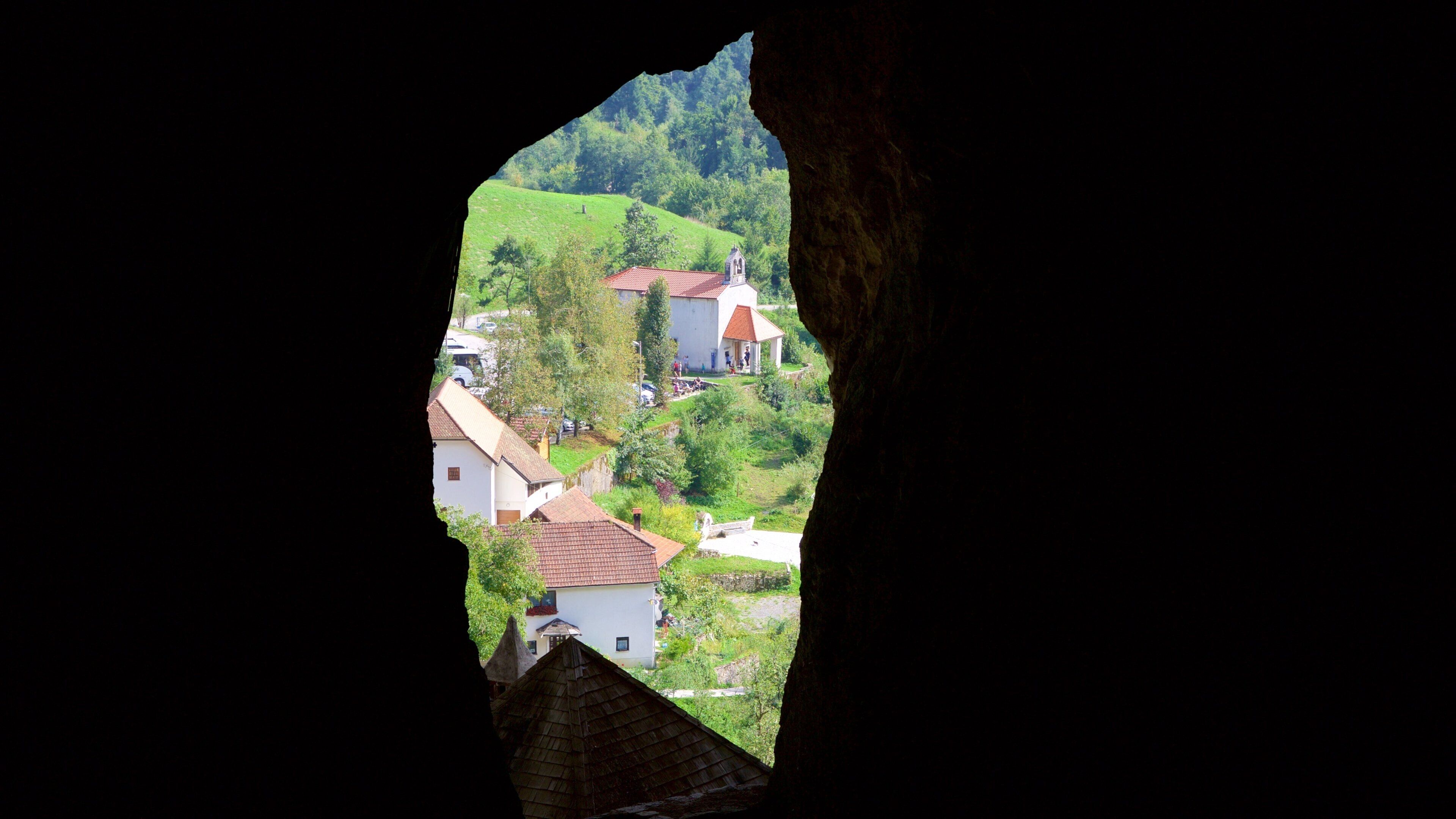 Predjama Castle showing interior views, a small town or village and caves