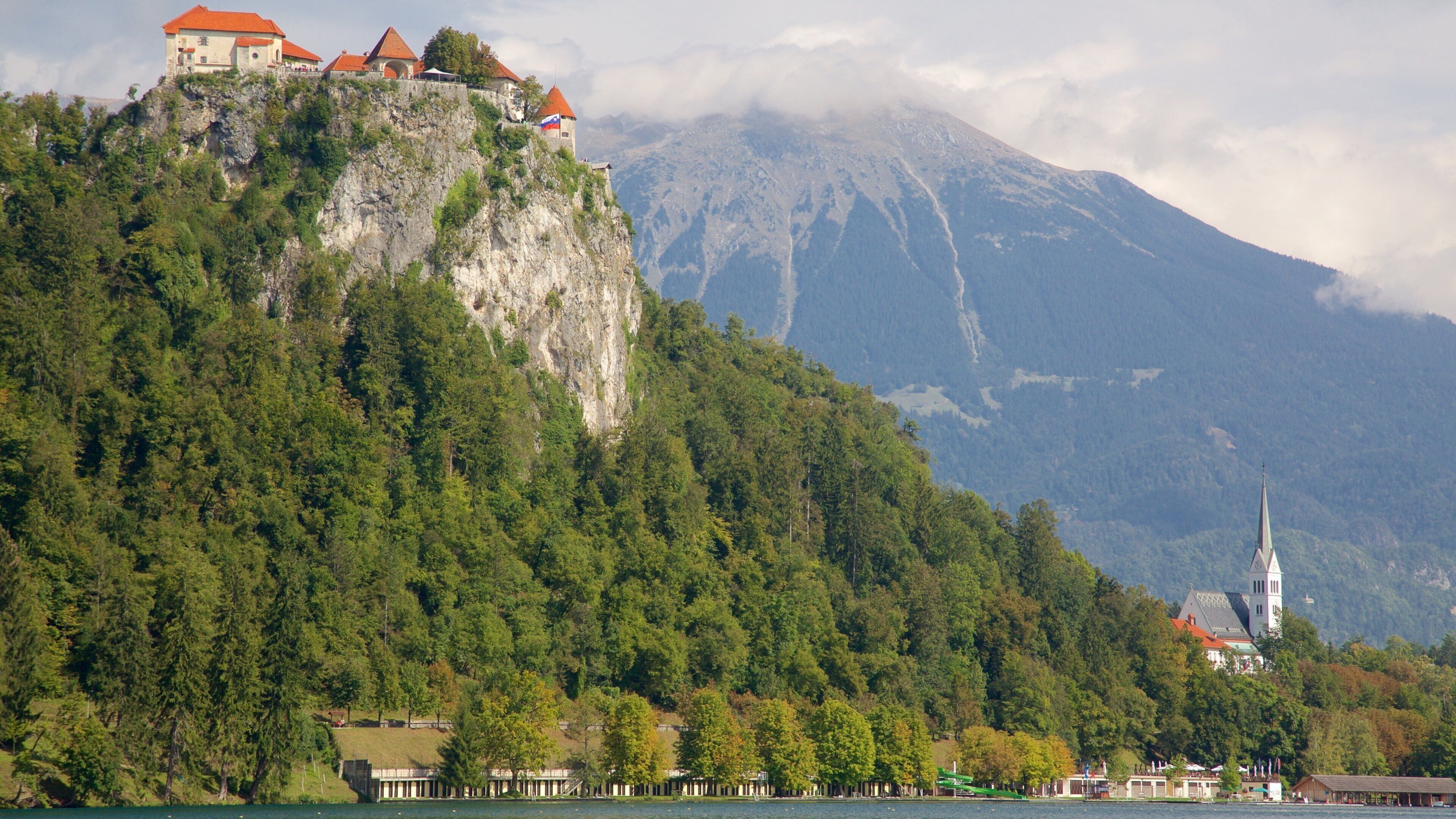 Bled Castle showing chateau or palace, forest scenes and a small town or village