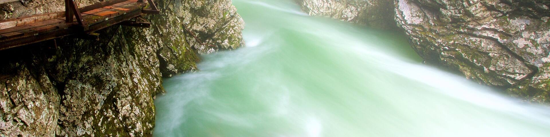 Vintgar Gorge montrant brume ou brouillard et gorge ou canyon