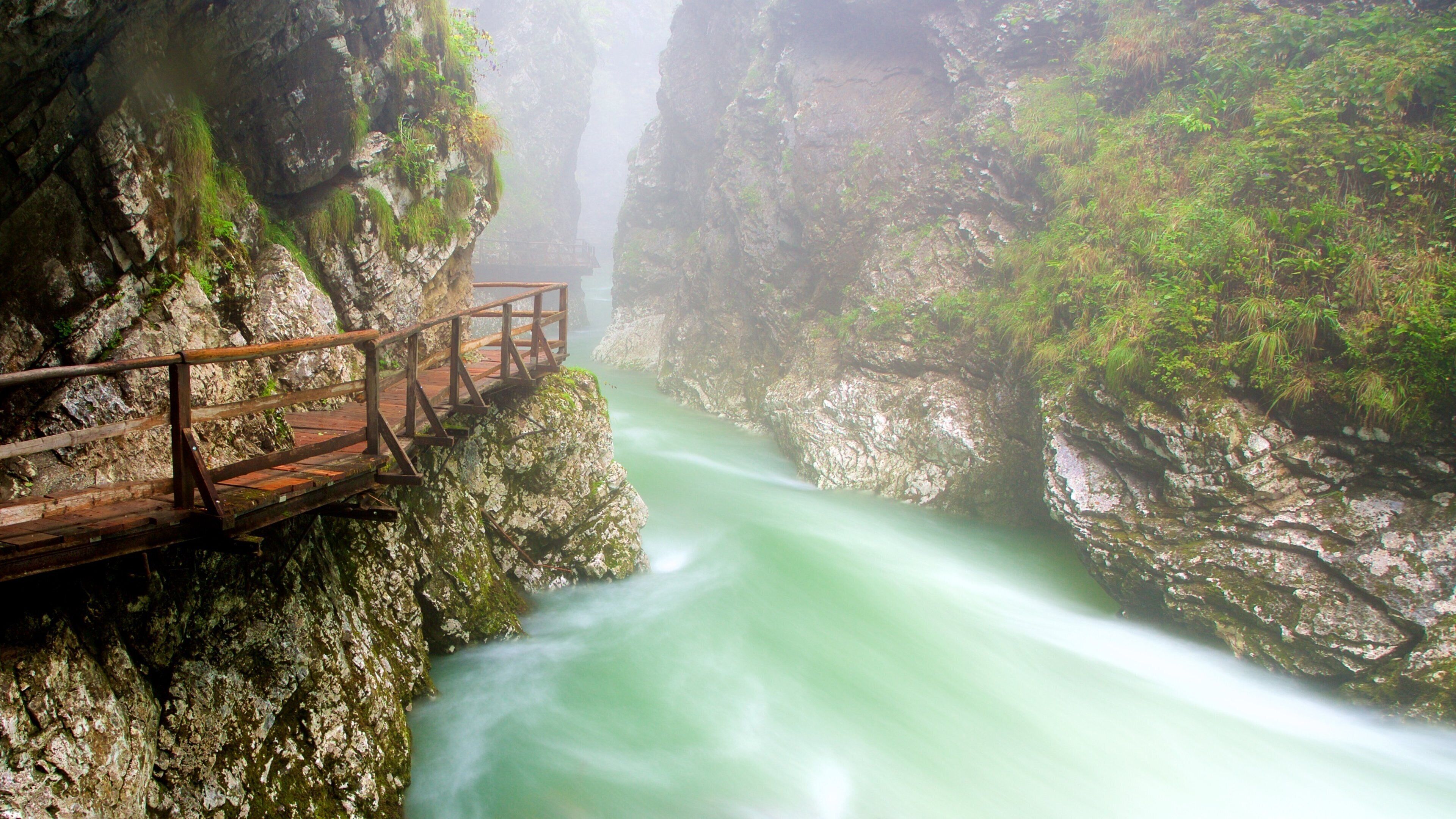 A wooden bridge over a river in a rocky gorge with lush greenery.