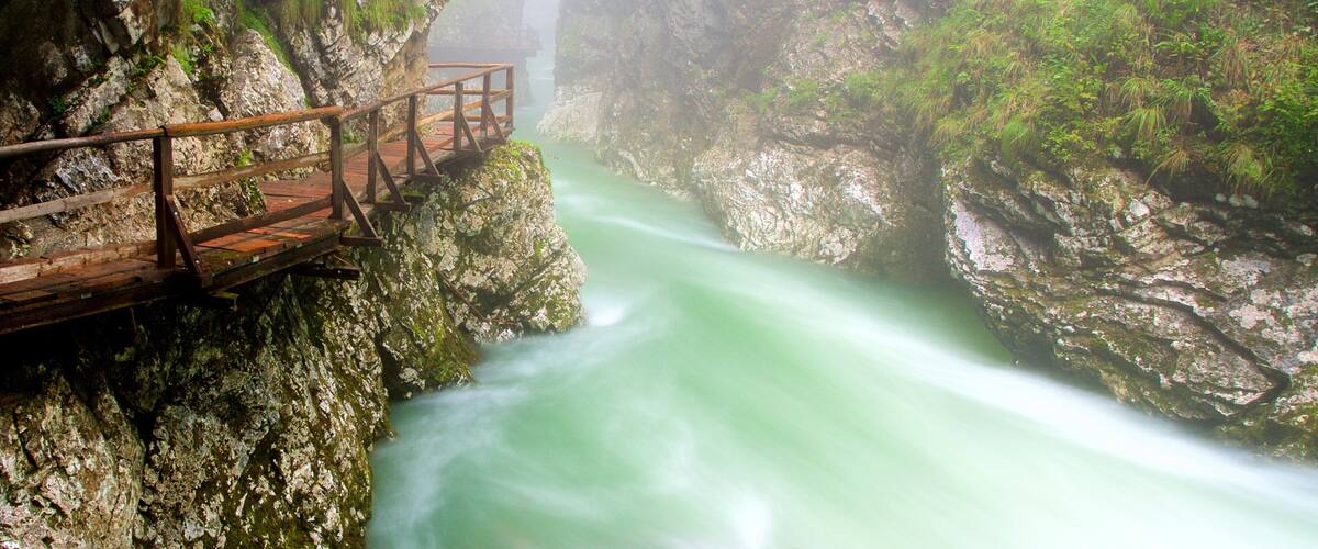 A wooden bridge over a river in a rocky gorge with lush greenery.