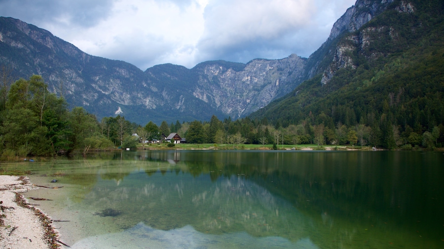Lake Bohinj which includes mountains and a lake or waterhole