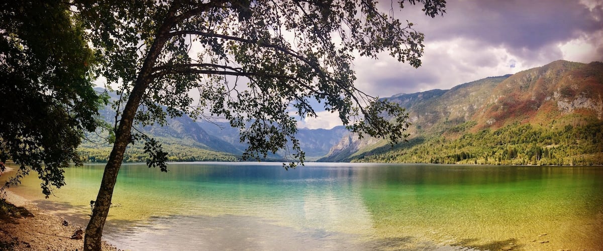A calm lake surrounded by mountains and trees.