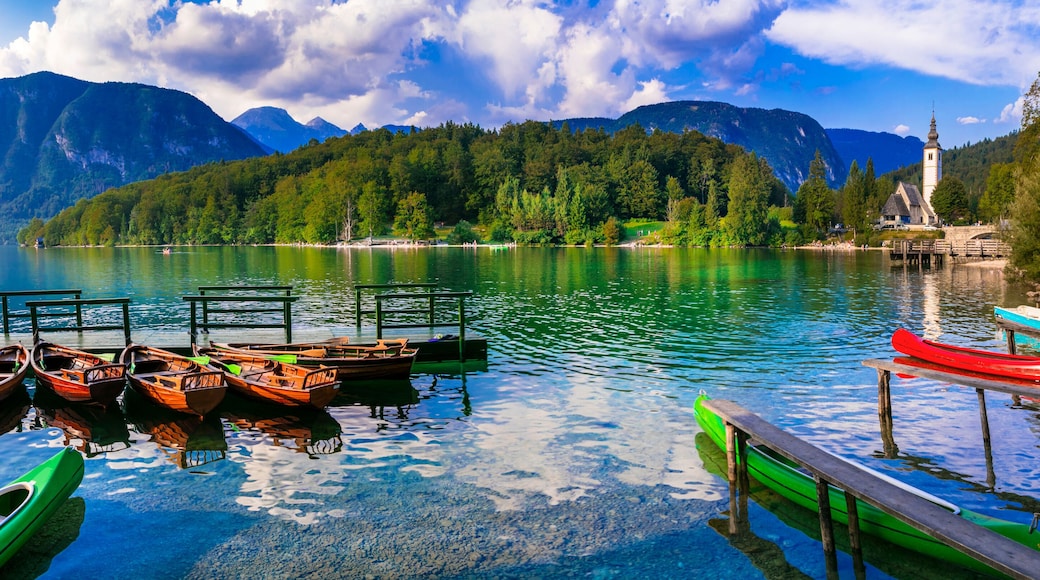 Idyllic nature scenery - beautiful magic lake Bohinj in Slovenia, Triglav National Park. most beautiful lakes of Europe