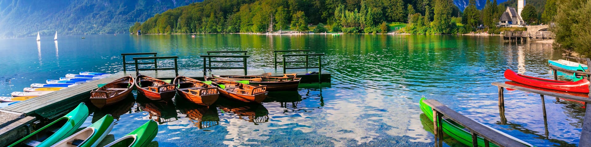 Idyllic nature scenery - beautiful magic lake Bohinj in Slovenia, Triglav National Park. most beautiful lakes of Europe