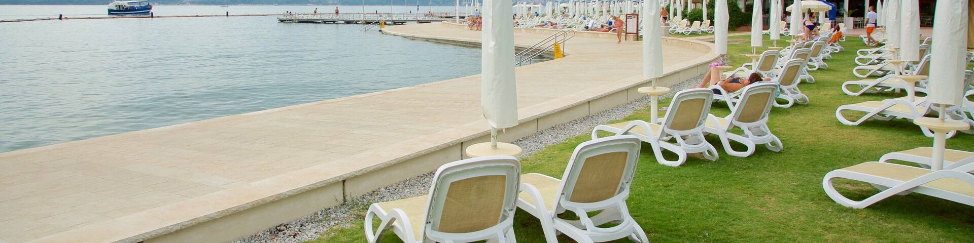 Portoroz Beach showing boating, general coastal views and a coastal town
