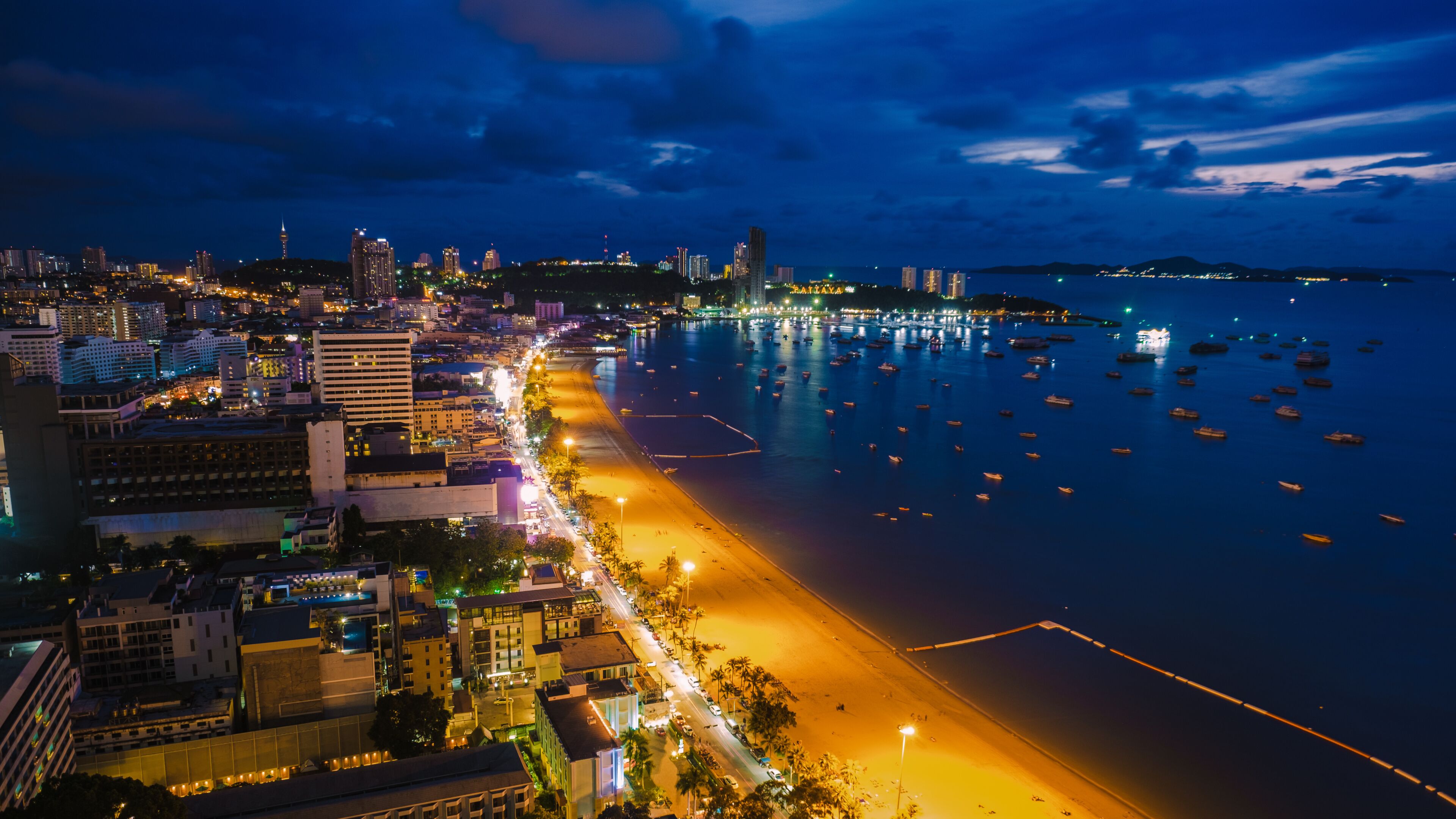 Aerial view of Pattaya city alphabet on the mountain, Pattaya, panoramic view over the skyline of Pattaya city Thailand Asia citiyscape