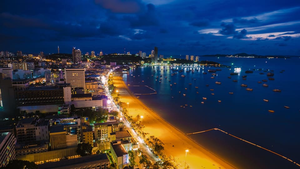 Aerial view of Pattaya city alphabet on the mountain, Pattaya, panoramic view over the skyline of Pattaya city Thailand Asia citiyscape