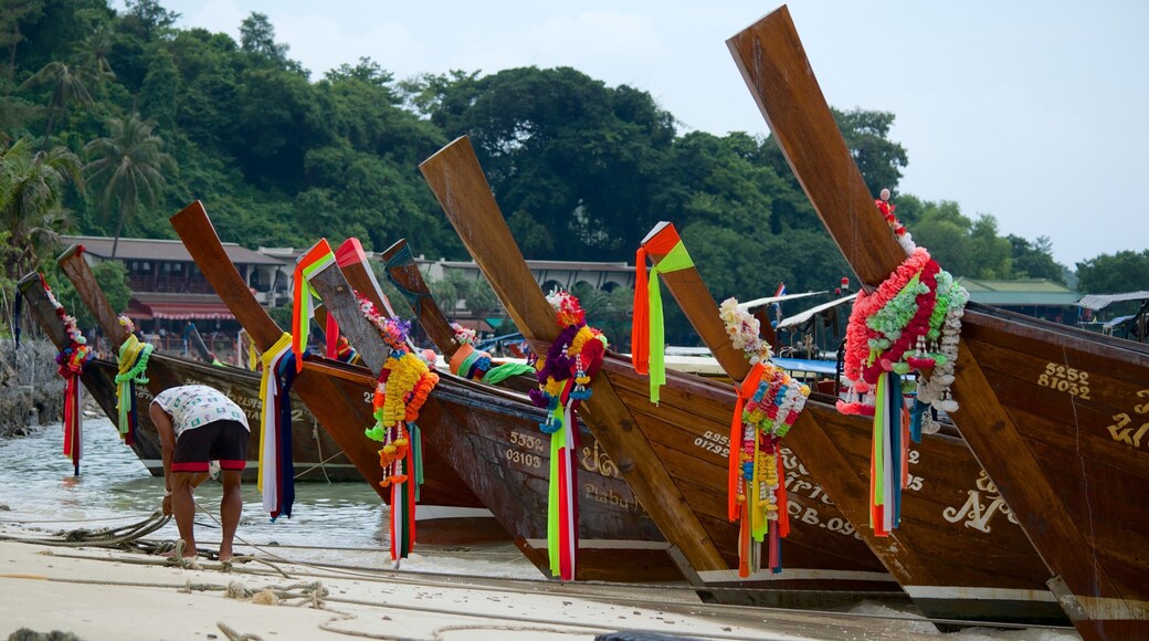 Ao Ton Sai Beach showing religious aspects, a bay or harbour and boating