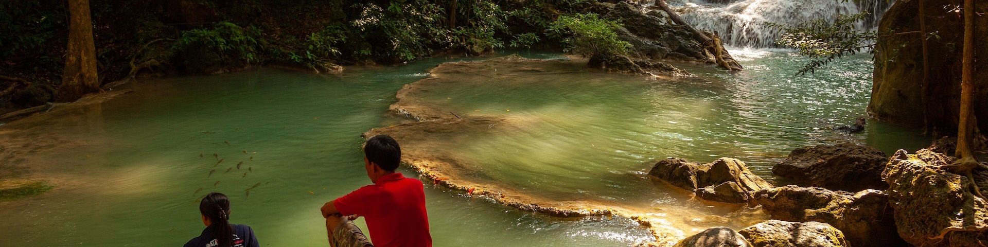 Erawan National Park showing a river or creek as well as a couple
