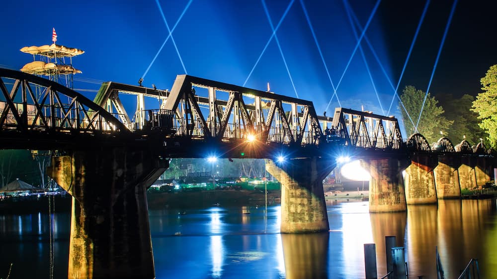 River Kwai railway bridge, Light and Sound Festival World War 2 in Kanchanaburi, Thailand .
