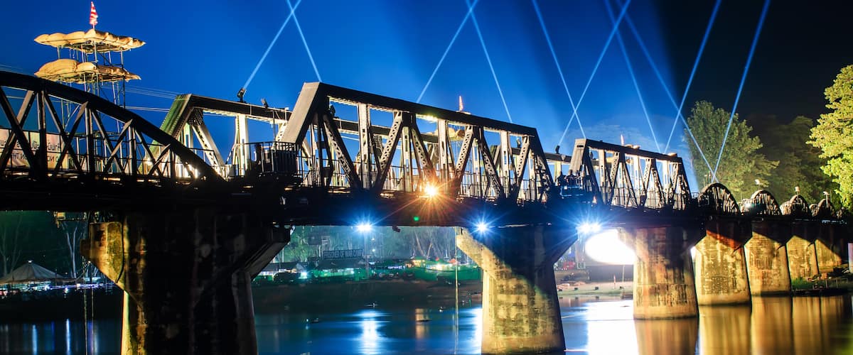 River Kwai railway bridge, Light and Sound Festival World War 2 in Kanchanaburi, Thailand .