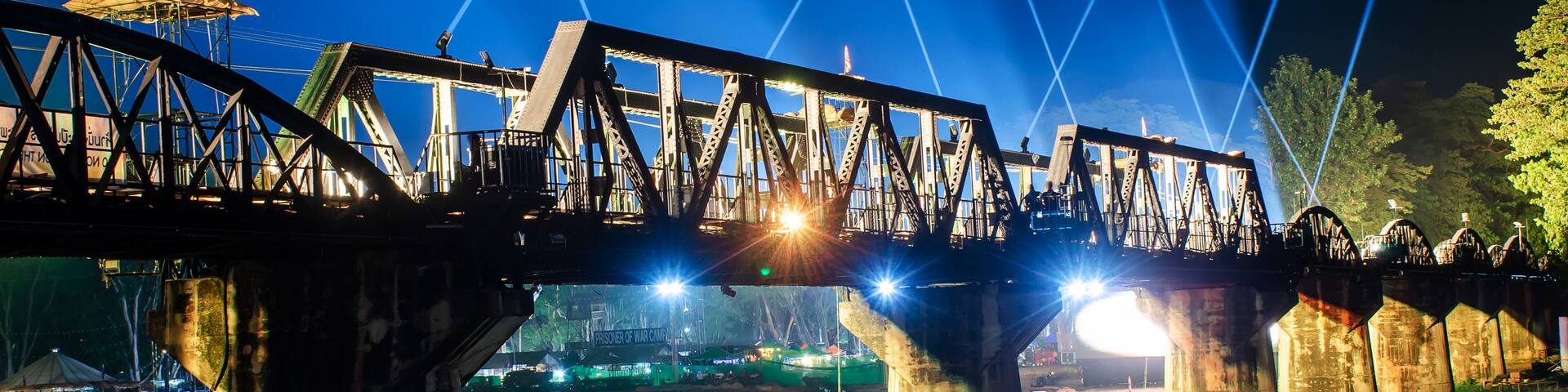 River Kwai railway bridge, Light and Sound Festival World War 2 in Kanchanaburi, Thailand .