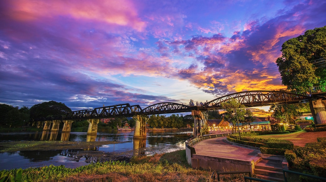 Bridge River Kwai with sunset at twilight in Kanchanaburi, Thailand