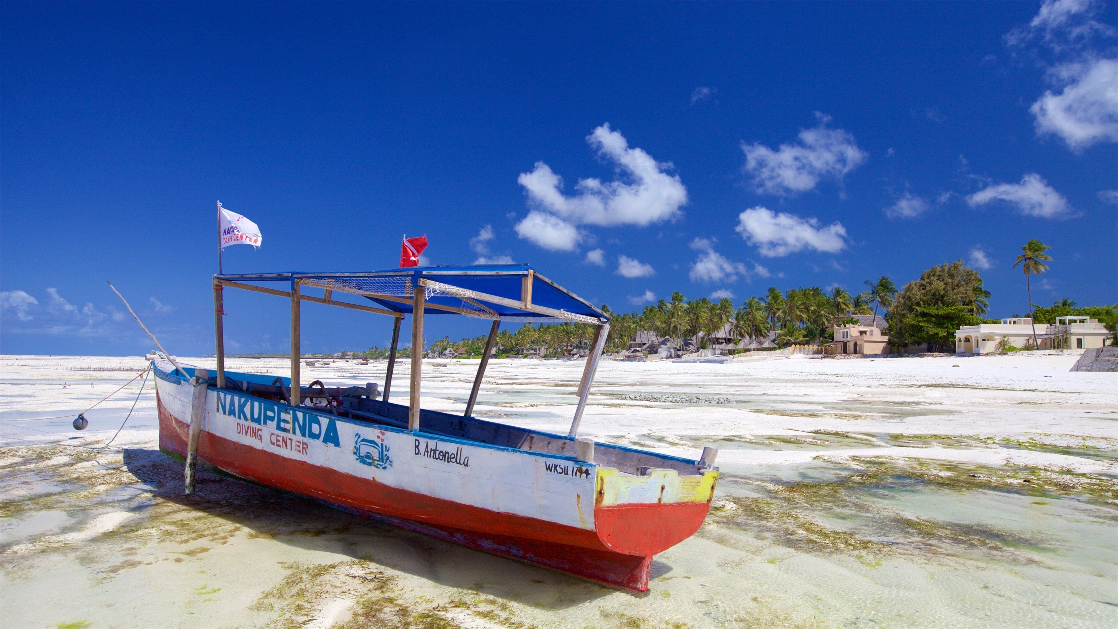 A boat named 'NAKUPENDA' with a diving center logo, docked on a sandy beach with clear water, palm trees, and a clear blue sky in the background.