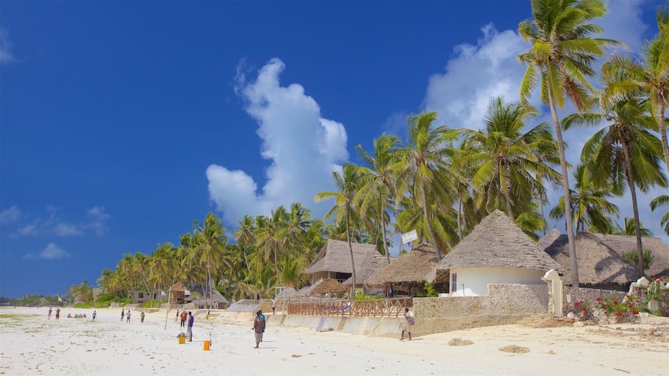 A beach with palm trees, thatched-roof huts, and people on the sand.
