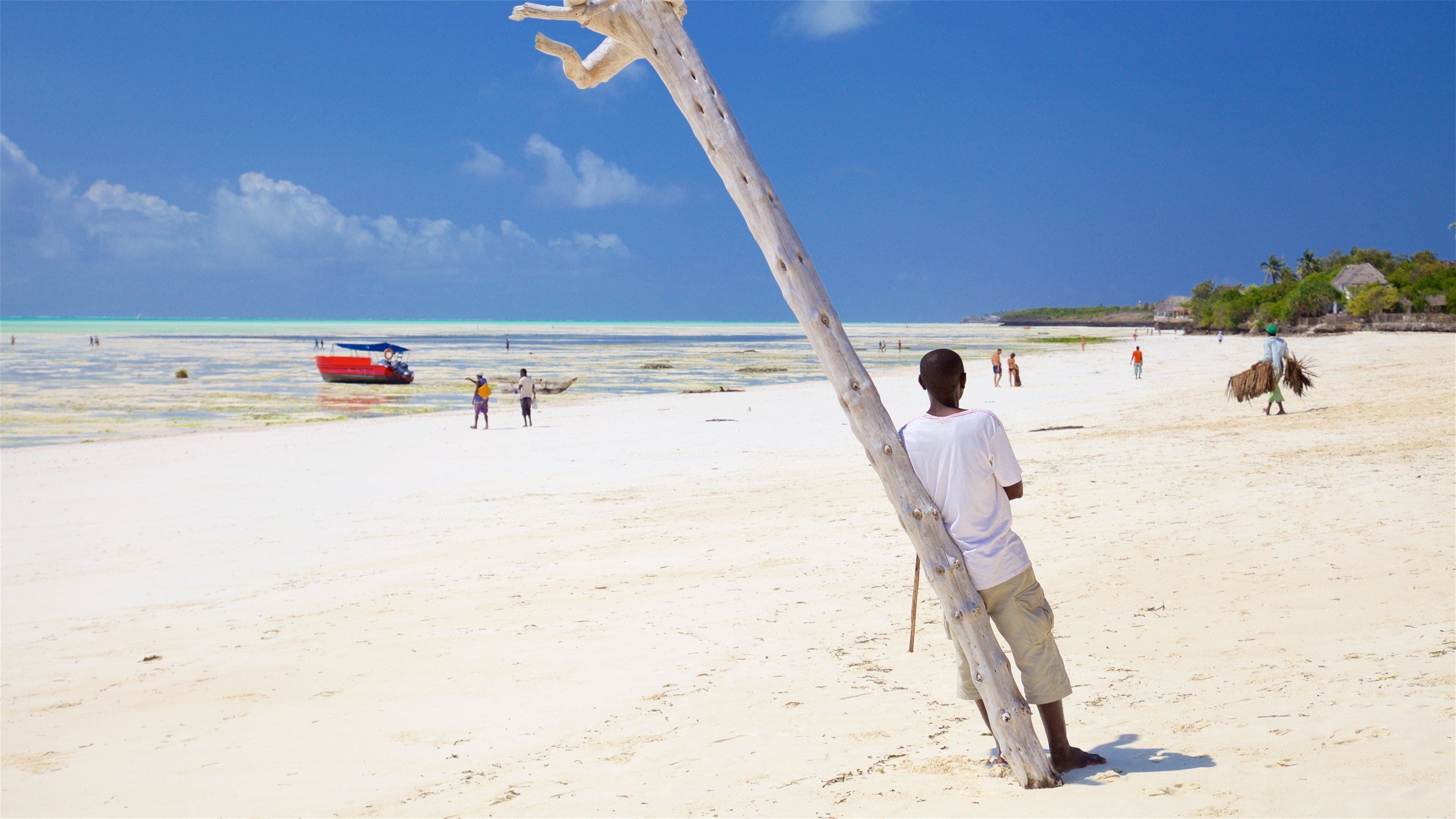A beach with a wooden post, people, and a boat in the water.