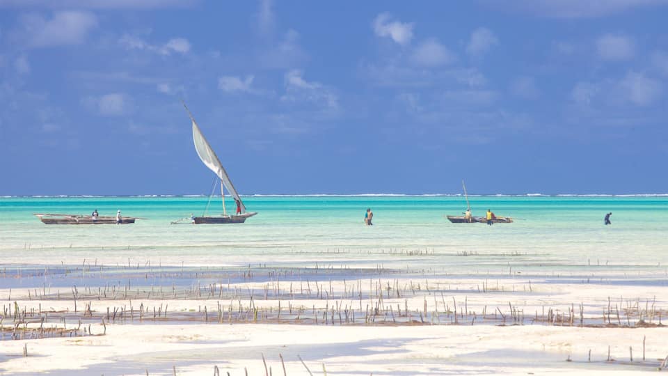 A beach with clear turquoise waters, several small boats, and a sandy shoreline with sparse vegetation.