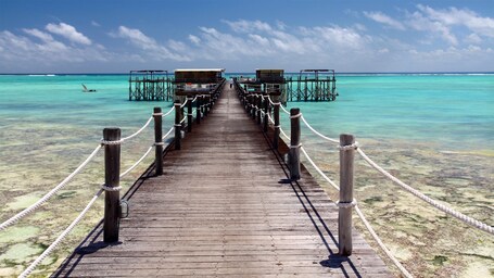 Eine Holzstege zu überwasser Bungalows mit türkisblauem Wasser.