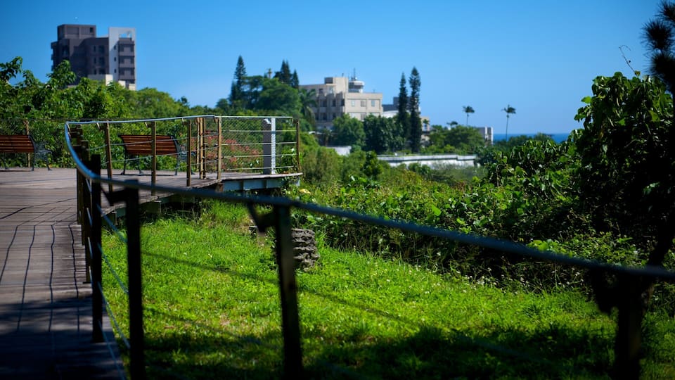 Un parc avec un banc en bois, une rambarde en métal et une zone herbeuse avec des arbres.