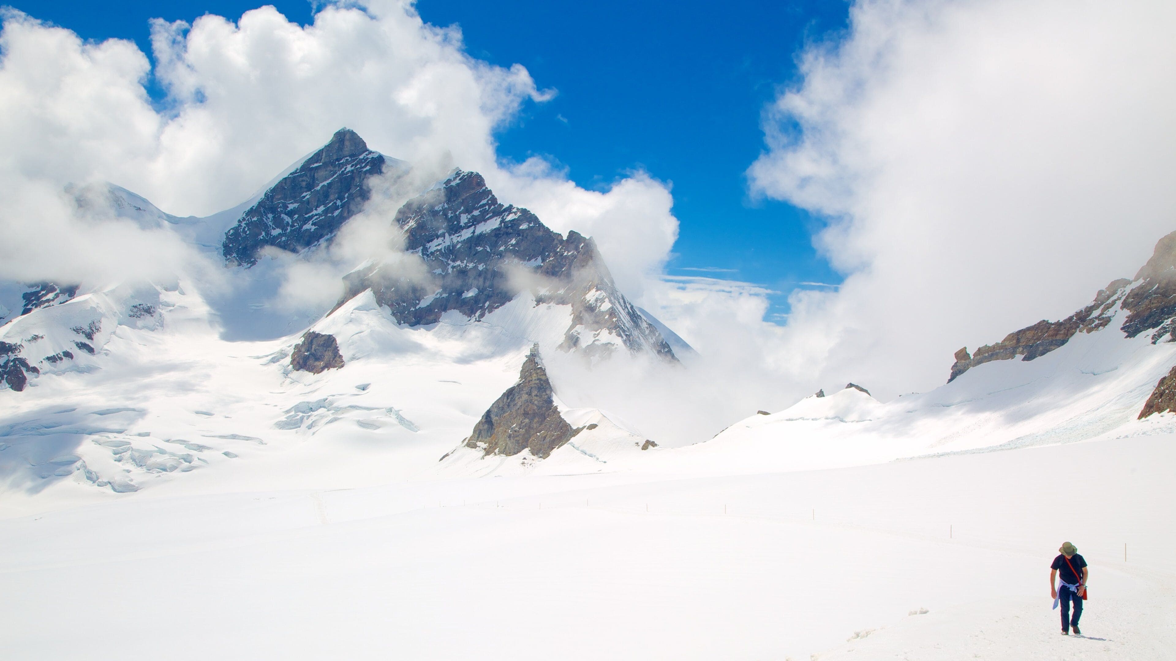 Jungfraujoch showing mountains, mist or fog and snow