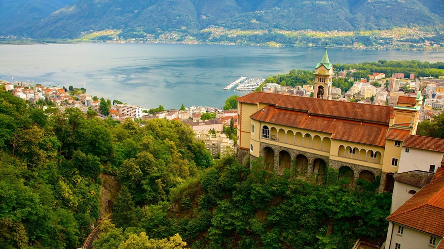 Madonna del Sasso which includes landscape views, a small town or village and a river or creek